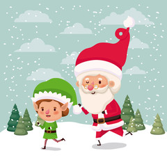little elf and santa claus characters in snowscape