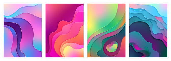 Metallic modern gradient active mixed gradient color paper cut art A4 poster. Curved, layered wave shapes background illustration for business presentations, inviting cards, flyers, posters.