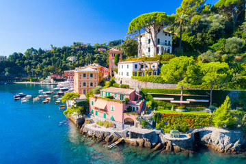 Beautiful sea coast with colorful houses in Portofino, Italy. Summer landscape
