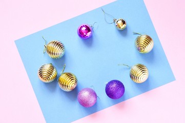 Flat lay Christmas round ornament. New Year decoration