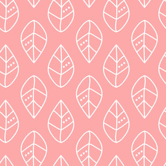 Seamless vector outline leaves pattern on pink backdrop. Design for wallpaper, fabric, textile, wrapping. Simple background