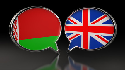 Belarus and United Kingdom flags with Speech Bubbles. 3D illustration