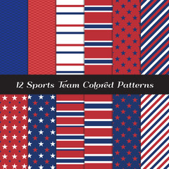 Red, White and Blue Sports Team Colored Seamless Patterns. Sports Backgrounds in Stripes, Stars and Jersey Texture Patterns. Vector Pattern Tile Swatches Included.