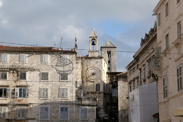Historic buildings in Split, Croatia with Christmas decorations. Split is popular coastal travel destination.