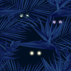 Watercolor tropical wildlife seamless pattern. Hand Drawn night jungle nature, animals eyes, illustration © Artmirei