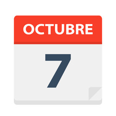 Octubre 7 - Calendar Icon - October 7. Vector illustration of Spanish Calendar Leaf