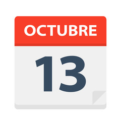 Octubre 13 - Calendar Icon - October 13. Vector illustration of Spanish Calendar Leaf