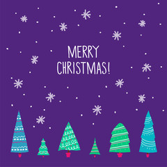 christmas card with christmas trees and snowflakes on dark background