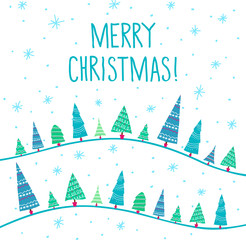 christmas card with christmas trees and snowflakes on white background