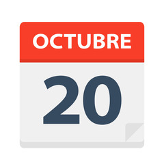 Octubre 20 - Calendar Icon - October 20. Vector illustration of Spanish Calendar Leaf
