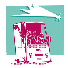 The three wise men working in a delivery van. Christmas card.