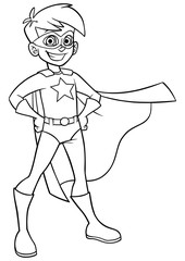 Line art full length illustration of superhero boy smiling happy while wearing cape and superhero costume. © Malchev