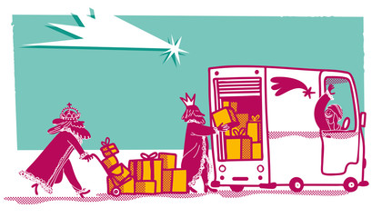 The three wise men working in a delivery van. Christmas card.