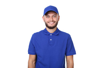 Delivery man in blue uniform isolated on white background
