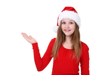 Young girl in santa hat on white background