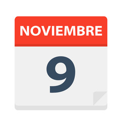 Noviembre 9 - Calendar Icon - November 9. Vector illustration of Spanish Calendar Leaf