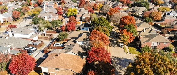Panorama top view beautiful neighborhood in Coppell, Texas, USA in autumn season. Row of...