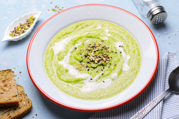 Green Vegan Broccoli Cream Soup with Cashew Milk and Seed Mix, Detox Healthy Eating