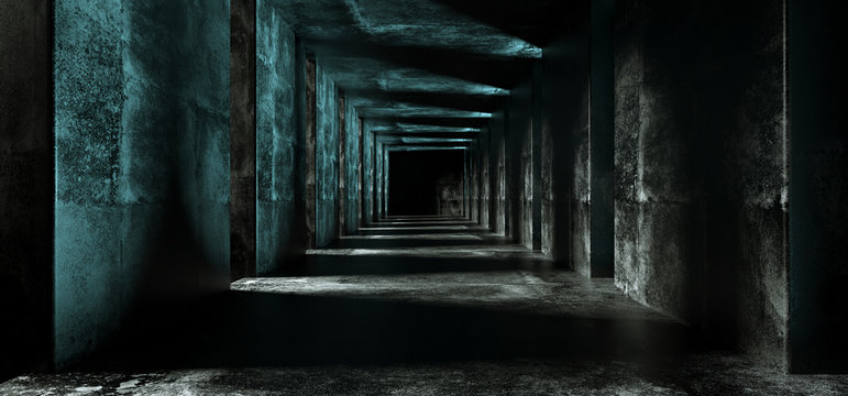 Long Sci Fi Empty Minimalistic Dark Blue Lighted Grunge Concrete Black End Corridor Tunnel With Empty Space For Text And Big Concrete Columns 3D Rendering