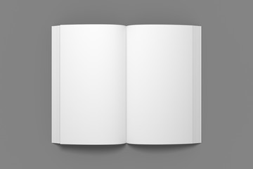 Empty opened book mockup. White 3D illustration of book mock-up in top view.