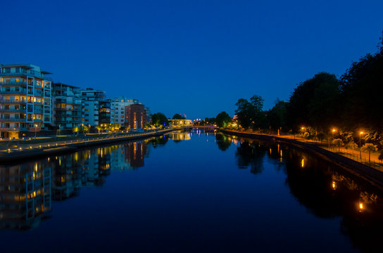 night view of the bridge and river in Halmstad