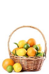 Citrus fruits in basket isolated on white background