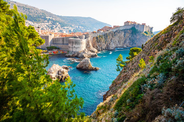 View from Fort Lovrijenac to Dubrovnik Old town in Croatia at sunset light