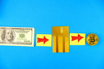 Hundred dollar bills. Credit card and Bitcoin on blue background. Concept of money system evolution.