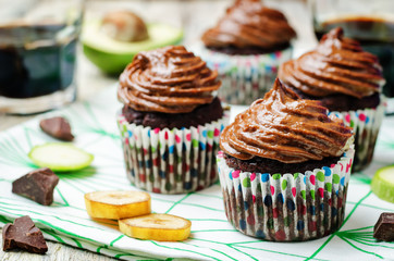 Chocolate zucchini banana cupcakes with chocolate avocado banana peanut butter cream frosting