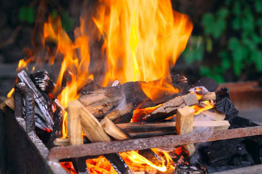 Frewood burning flames on iron grill with green grass on background