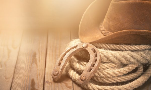 Old horseshoe , lariat lasso and cowboy hat on background