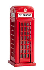 Iconic red British telephone booth isolated on a white background