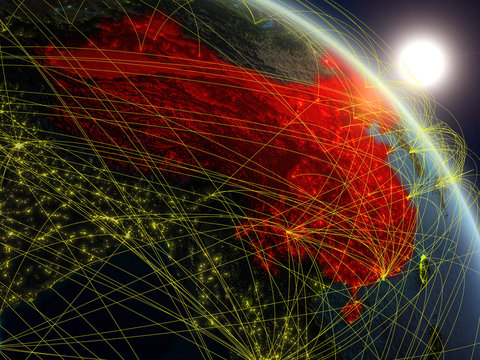 China From Space On Realistic Model Of Planet Earth With Network. Concept Of Digital Technology, Connectivity And Travel.