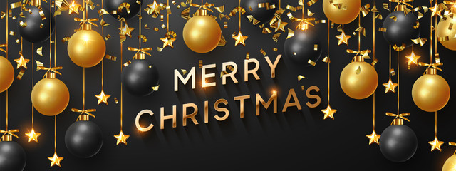 Merry Christmas bright background hanging with black and gold balls. Horizontal banner, posters, greeting cards, headers, website.