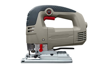A jigsaw power tool isolated on white background. Electric jig saw. Professional electric jig saw isolated on white background