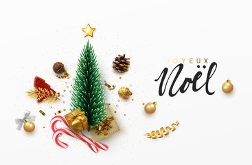 Christmas greeting card. Xmas Festive composition with decorative objects. Calligraphic text. Xmas elements decorations. Creative holiday invitation template top view. Vector illustration