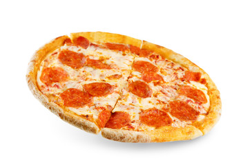 Pizza with pepperoni, tomato sauce and cheese isolated