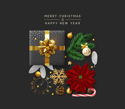 Christmas background with decorative Xmas elements of design. Gift box, shining gold glitter snowflake, golden ball, decoration bauble, sweet candy, pine cone and vintage watches. Greeting card
