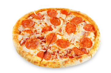Pizza with pepperoni, tomato sauce and cheese isolated