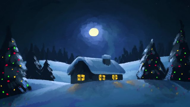 Seasonal Winter Animated Card in vintage cartoon style with text saying “we wish you happy holidays”. Hand drawn elements in naive painting style with magical night scenery with Santa Claus, house, pi