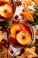 Christmas compote from dried fruits and aromatic spices, a traditional drink during Christmas dinner, top view.  Traditional Polish Christmas