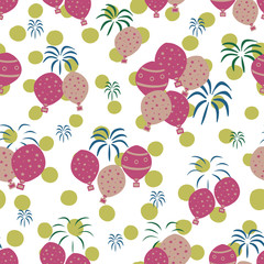Vector balloons and fireworks with polka dots background seamless repeat pattern. Perfect for wallpaper, gift wrapper, scrapbooking, fabric projects.