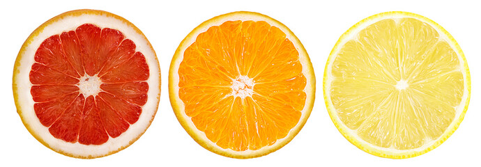 Fresh  lemon, orange, grapefruit slices isolated on white background with clipping path