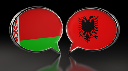 Belarus and Albania flags with Speech Bubbles. 3D illustration