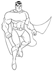 Line art full length illustration of a strong and brave cartoon superhero wearing cape and costume while flying up during mission against white background for copy space.