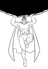 Front view Line art illustration of powerful and brave superhero holding a huge boulder above his head during dangerous mission.