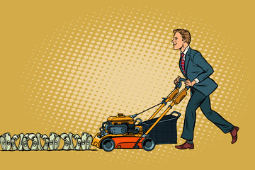 Businessman cuts money like a lawnmower man. Wealth and financia