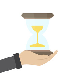 Vector illustration of businessman hand hold a hourglass. Business and time management concept. Successful start up presentations on white background.