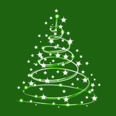 Christmas Tree Sparkle made of Shiny Stars. Vector sparkle tree isolated on Green Background. Christmas Tree for design, card, invitation, print.