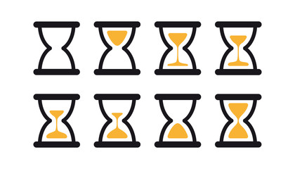 Set of hourglass sprites illustration for animation frames. Black sand clocks and timers collection on white background.